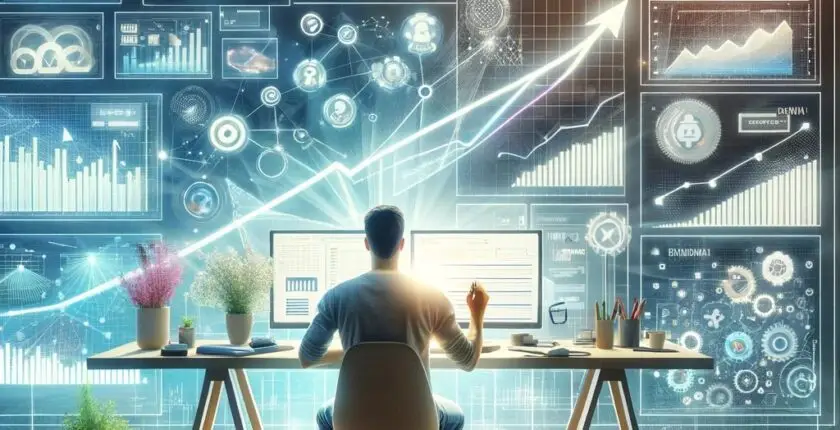 L'image illustre un professionnel indépendant au travail, entouré d'écrans affichant graphiques, agendas, et projets numériques. Il incarne l'autonomie et la flexibilité du freelance, dans un environnement inspirant et organisé, symbolisant la réussite et l'équilibre entre vie professionnelle et personnelle.