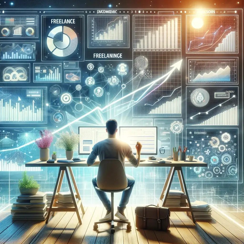 L'image illustre un professionnel indépendant au travail, entouré d'écrans affichant graphiques, agendas, et projets numériques. Il incarne l'autonomie et la flexibilité du freelance, dans un environnement inspirant et organisé, symbolisant la réussite et l'équilibre entre vie professionnelle et personnelle.