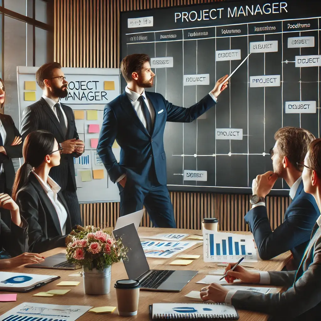 Chef de projet dirigeant une réunion avec son équipe devant un tableau affichant un diagramme de Gantt.