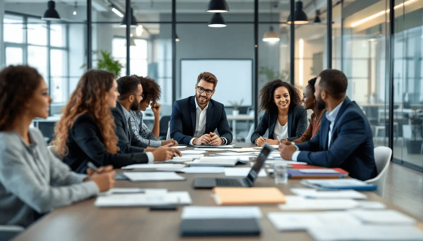 In a modern office workspace, professionals are collaborating on consulting strategies, discussing various aspects of management consulting and business transformation. The scene showcases a diverse team of consultants working together to solve problems and create effective solutions for their client organization.