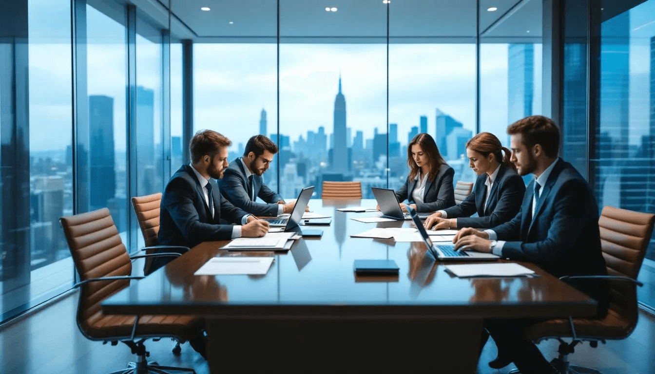 In a modern conference room, business executives are gathered around a sleek table, reviewing consulting proposals from various consulting firms. They are engaged in a discussion about strategies for business transformation and the competitive advantage that effective management consulting can provide to their client organization.