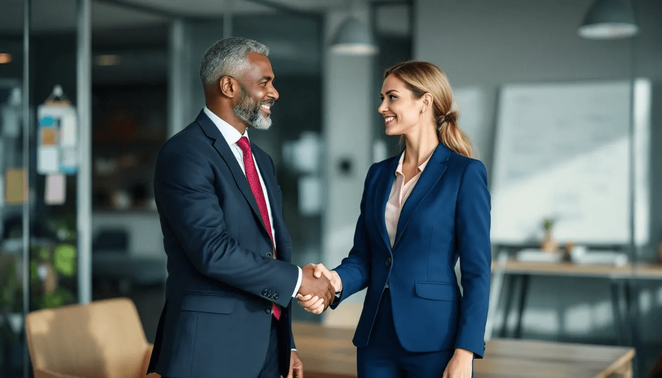 In the image, two business leaders are engaged in a professional handshake, symbolizing the finalization of a consulting agreement that signifies a partnership in the consulting industry. This moment reflects the collaboration between consulting firms and client organizations aimed at driving business transformation and creating competitive advantages.