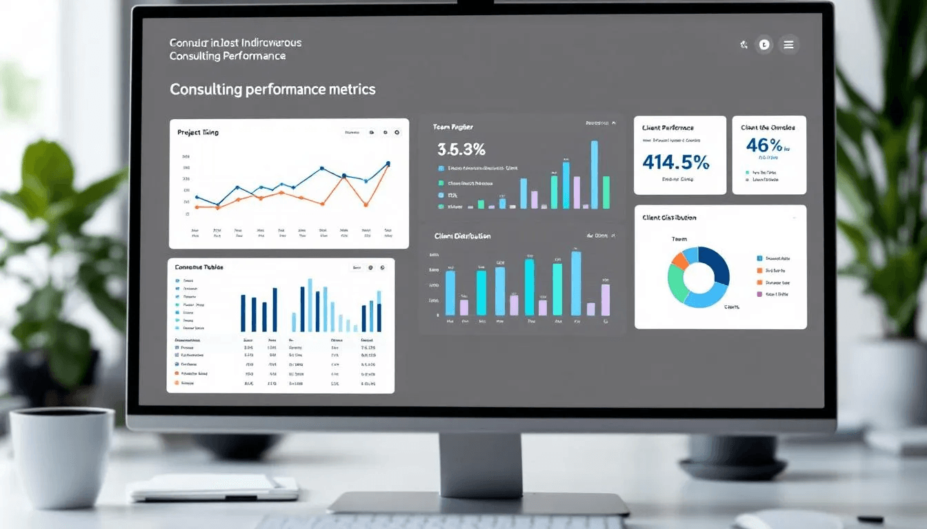 A computer screen displays a data visualization dashboard showcasing various consulting performance metrics, including insights on consulting firms' effectiveness, client organization outcomes, and management consulting strategies. The dashboard features colorful graphs and charts that illustrate key performance indicators and trends in the consulting industry.